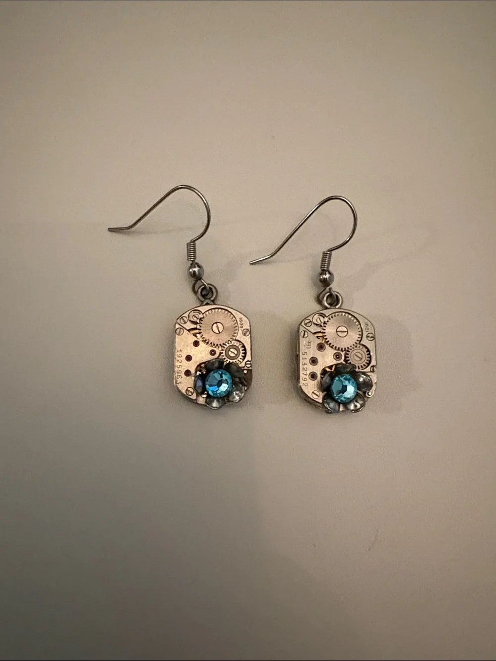 Sterling Silver-Tone Blue Crystal Gear Drop Earrings